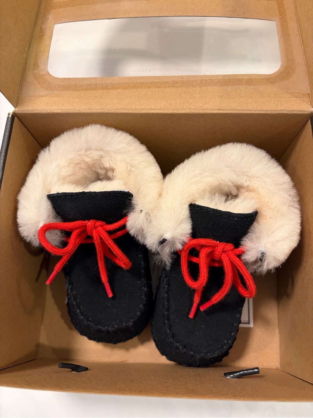 UGG Baby Moccasin Booties with Fur and Red Laces